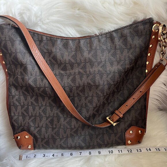 Michael Michael Kors Brown Logo Tan Leather Studded Crossbody Bag 14x11x5 EUC - Picture 10 of 15